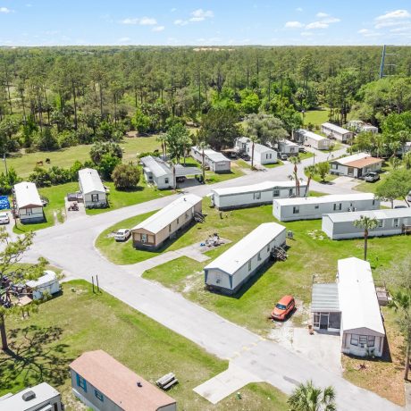 aerial view of manufactured homes in a community